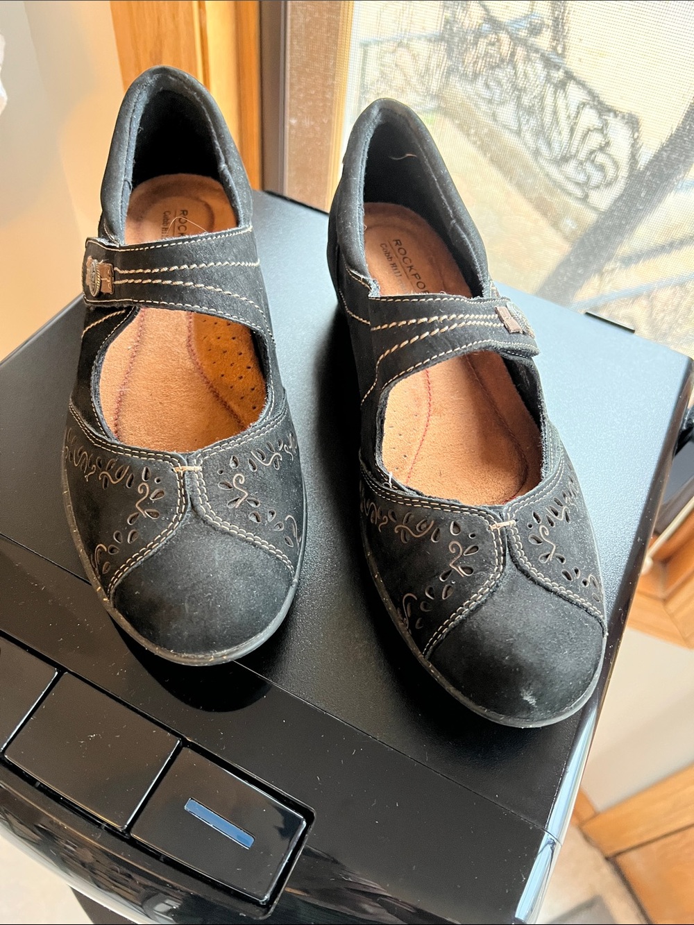 Rockport Black Suede Mary Jane Flats with Contrast Stitching